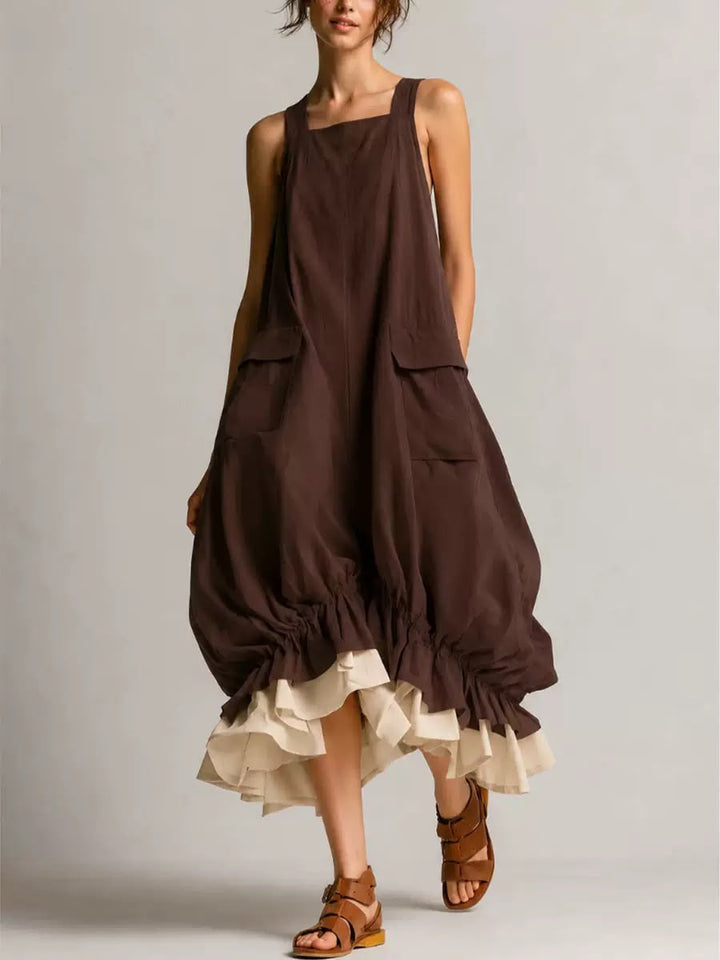 ARA | BLACK BOHO RUFFLED BUBBLE MIDI DRESS