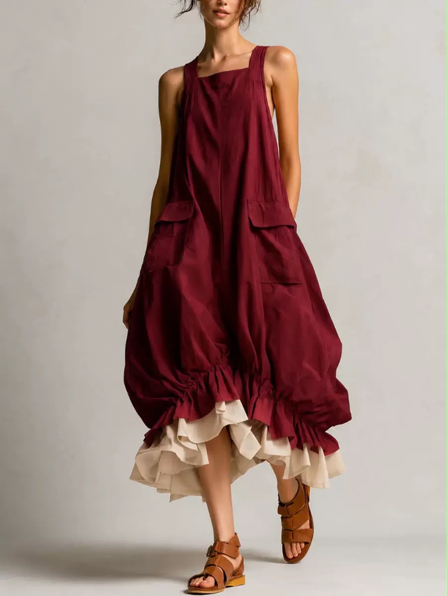 ARA | BLACK BOHO RUFFLED BUBBLE MIDI DRESS