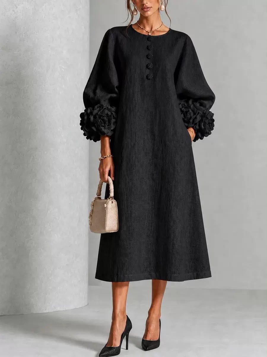 Rosélia – Floral Midi Dress with Delicate Buttons