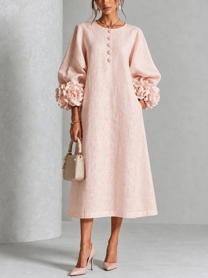 Rosélia – Floral Midi Dress with Delicate Buttons