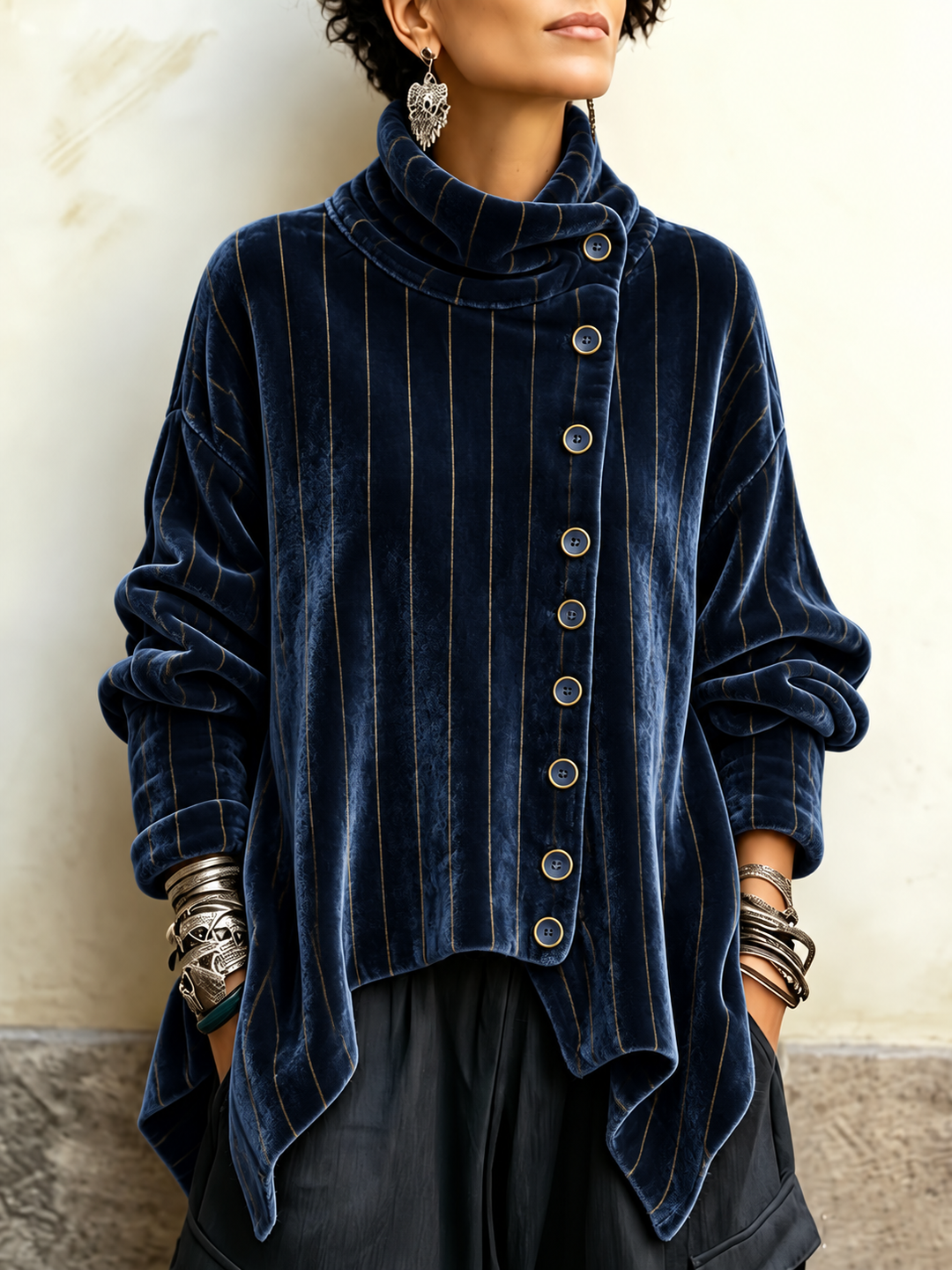 Women's Navy Striped Mock Neck Tunic