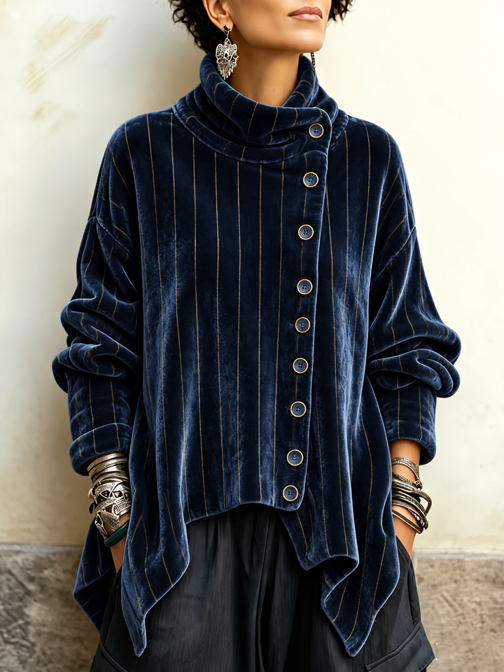 Women's Navy Striped Mock Neck Tunic